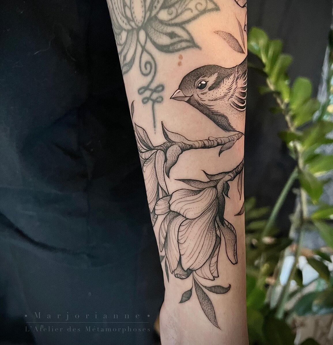 Oiseau et fleurs à l'encre noire, style illustratif sur le bras
